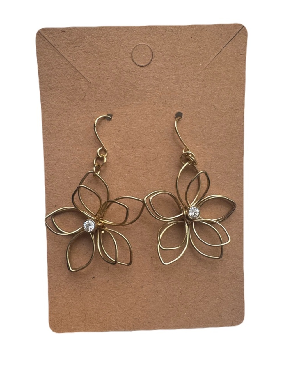 Gold Tone Floral Wire Drop Earrings with Rhinestone Center